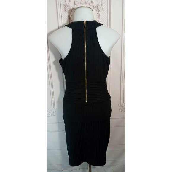 bebe Racer Halter Neck Rib Knit Black Bodycon Dress Sz M - Picture 5 of 9